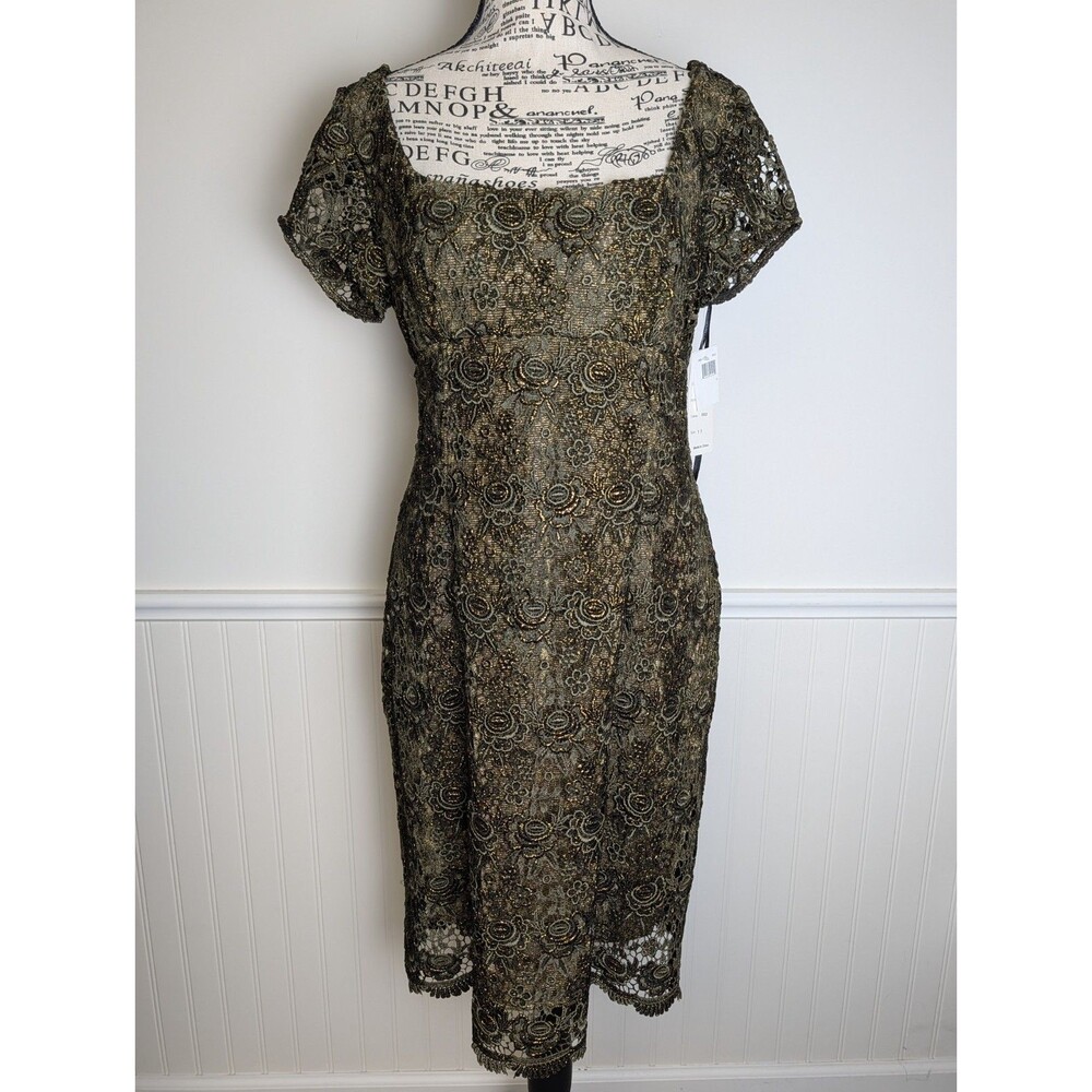 NWT Chetta B Dress Size 10 Olive Gold Metallic Lace Cocktail Sheath Square Neck